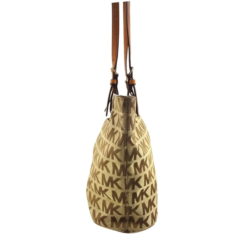 Michael Kors Beige Tan MK Monogram Canvas Tote Shoulder Bag Gold Hardware‎ - Picture 2 of 9